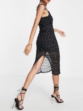 ASOS DESIGN mesh tie shoulder midi dress with ruching in mono spot